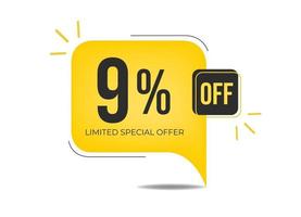 9 de oferta especial limitada. banner con nueve por ciento de descuento en un globo cuadrado amarillo. vector
