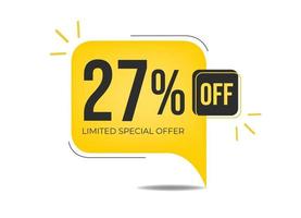 27 off limited special offer. Banner with twenty-seven percent discount on a yellow square balloon. vector