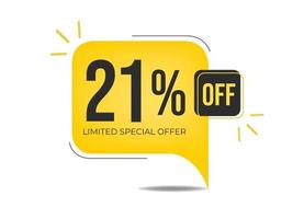 21 off limited special offer. Banner with twenty-one percent discount on a yellow square balloon. vector