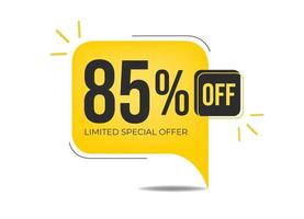 85 off limited special offer. Banner with eighty-five percent discount on a yellow square balloon. vector