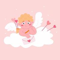 Cute baby Cupid with love letter. Little Valentine in cloud. Vector hand drawn illustration.