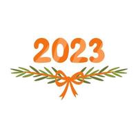 2023 lettering and Christmas tree branches decorations. Vector hand drawn illustration.