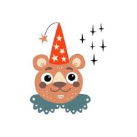 Bear in wizard cone hat. Cute illustration in cartoon style for kids items design. vector