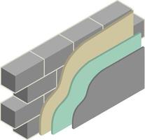 pared de ladrillo en isometría con capas de yeso y aislamiento. material para la reparación del hogar. Construcción de edificios. esquema de aplicación de capa azul y amarilla vector