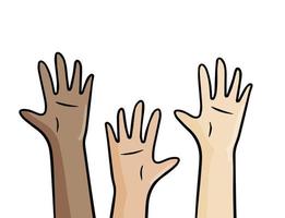 manos de personas con diferentes colores de piel. Palmas arriba. concepto de amistad, diversidad y cooperación multicultural de los niños vector