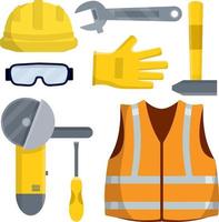 Set of clothes Builder and worker. Orange vest, helmet, glasses, gloves. Grinder, screwdriver, hammer, wrench. Repair and maintenance. Safety and tools. Cartoon flat illustration vector