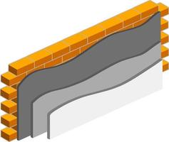 Brick wall in isometry with layers of plaster and insulation. Material for home repair. Construction of buildings. Scheme of applying blue and yellow layer vector