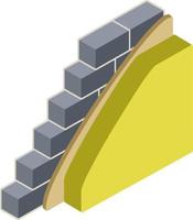 pared de ladrillo en isometría con capas de yeso y aislamiento. material para la reparación del hogar. Construcción de edificios. esquema de aplicación de capa azul y amarilla vector