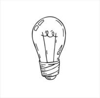 Light Bulb. Sketch drawn electric device. Black and white illustration. Cartoon doodle lighting concept and idea. Solution and creative vector