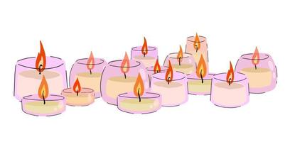 velas perfumadas en tarro de cristal. conjunto de llama romántica y fuego en vidrio decorativo. garabato, caricatura, aislado, blanco, plano de fondo vector