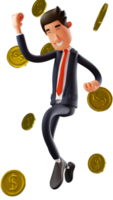 3D illustration. Happy 3D Young Businessman Cartoon Character. Young businessman jumping happily and surrounded by lots of gold coins. 3D Cartoon Character png