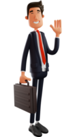 illustration 3d. beau personnage de dessin animé d'employé de bureau en 3d très soigné et souriant joyeusement. il est prêt à aller au bureau. il portait une valise et agitait la main. personnages de dessins animés 3d png