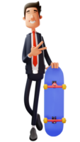 3D illustration. Cool Office Worker Cartoon 3D Character. He smiled and showed a peace sign. Office worker standing with skateboard. 3D Cartoon Character png