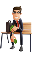 3D illustration. Rich young Businessman 3D Cartoon Character using Sunglasses. He sits on the chair. Young businessman sitting with brown briefcase and hand holding lots of money. 3D Cartoon Character png