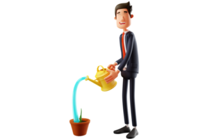 ilustração 3D. personagem 3d de desenho animado de trabalhador de escritório diligente. ele sorriu largamente enquanto regava as plantas nos vasos. personagem de desenho animado 3D png