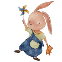 kaninchen, das windmühlenspielzeug und teddybär hält, aquarell-handfarbenkarikaturhäschen, das mit braunbär spielt, niedliches tiercharakterelement für osterkarte, frühling, sommer png