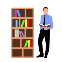 Man reading book beside bookshelf png