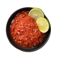 Sambal, A popular Indonesian condiment of red chili peppers and tomato paste in traditional mortar and pestle. png