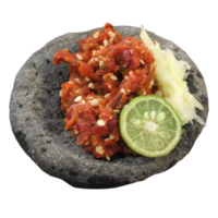Sambal, A popular Indonesian condiment of red chili peppers and tomato paste in traditional mortar and pestle. png