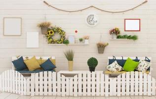 Rustic interior with wooden wall and sofas. Decorated farmhouse style. Background wall with shelves with flowers and furniture. The photo zone is a cozy corner of the house.