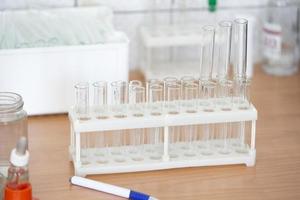 Empty flasks in a biochemical laboratory. Test tubes for analysis. photo