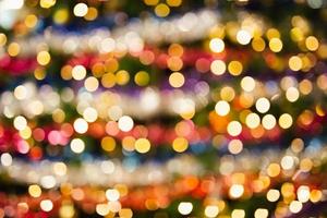 Defocused bokeh light background effect on Christmas tree with balls. photo