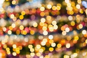 Defocused bokeh light background effect on Christmas tree with balls. photo