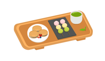 Dorayaki, dango and matcha tea with wooden serving tray png