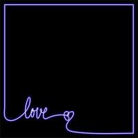 Neon inscription love on a black background with lines around the edges. Blue lettering for printing on textiles and paper. Postcard, background. vector