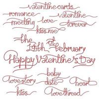 A set of inscriptions for Valentine's Day. Different inscriptions about love. Ornate font of contour type. Tangled lines in the form of words. 15 phrases for valentine's day vector