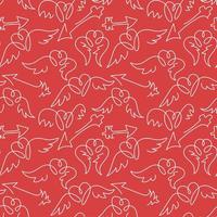 A pattern of hearts with wings in different poses. White contour lines on a pink background. Seamless pattern with repeating contour patterns. Suitable for printing on textiles and paper. Packaging vector