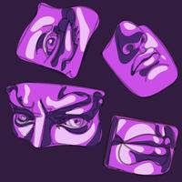 Rave psychedelic acid sculpture set statue of David and parts of the face. Parts of the sculpture in bright juicy color. Various antique statues. Mythical, ancient Greek style. Set Vector illustration