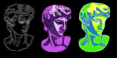 Rave psychedelic acid sculpture set statue of David and parts of the face. Parts of the sculpture in bright juicy color. Various antique statues. Mythical, ancient Greek style. Set Vector illustration