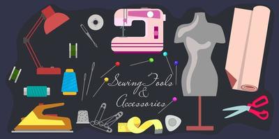 Sewing kit. Everything for sewing, elements for a set. Threads, needles, sewing machine on a blue background elements. vector