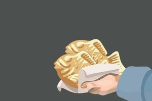 An illustration of Korean cuisine called plain Bunjeoppang. Street Korean food in the form of fish in the form of. Pies in the hands. Suitable for printing on textiles and paper. Illustrative banner vector