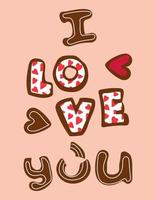 Letters love in the form of cookies with icing. Ginger cookies in the shape of letters with a contour of glaze. Background for printing a postcard with cookies vector