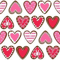 A pattern of a set of hearts of the same color in the form of cookies with icing. Ginger cookies in the shape of hearts with a different kind of glaze. Background for printing holiday packaging vector