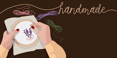 Illustration of fabric with embroidery frame, embroidery and hand. Embroidery in the hands on the background. Threads with a needle on a dark background. Embroidery frame in hand. Background for text vector