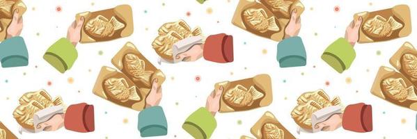 Background of Korean cuisine called Bunjeoppang. Street Korean food in the hands on a white background with colored lanterns. Fish-shaped pies with stuffing.Suitable for printing on textiles and paper vector