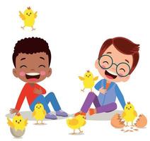 cute yellow little chicks and boy vector