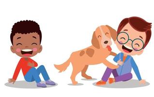 niño pequeño lindo feliz jugar con el perro vector