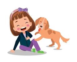happy cute little kid play with dog vector