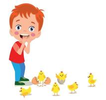 cute yellow little chicks and boy vector