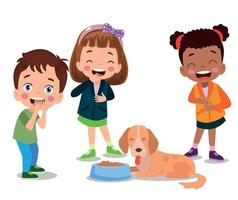 happy cute little kid play with dog vector