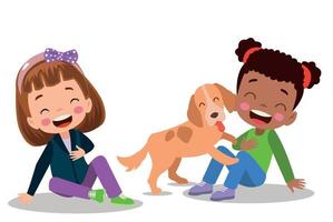 happy cute little kid play with dog vector