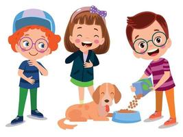 happy cute little kid play with dog vector