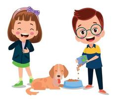 happy cute little kid play with dog vector