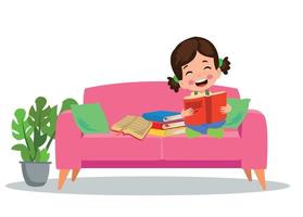 children sitting on sofa reading a book vector