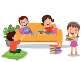 niños sentados en el sofá leyendo un libro vector