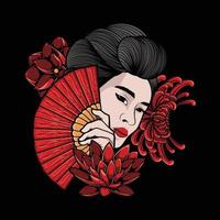 cabeza de geisha con flor de crisantemo vector